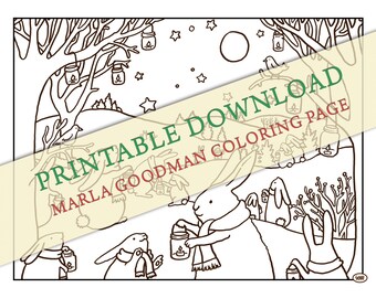 Printable Snow Bunny Coloring Page -- cute bunnies carrying lanterns in the snow Marla Goodman art digital download