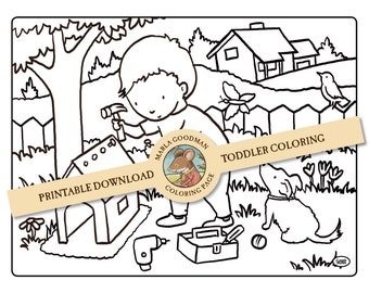 Printable download Children's coloring page - Boy building dog house with dog Toddler coloring page easy coloring page by Marla Goodman