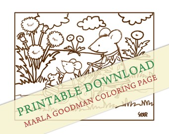 Printable Mouse with Pram Coloring Page -- Mama Mouse with Baby Carriage in dandelion park Marla Goodman Brownpaper Art digital download