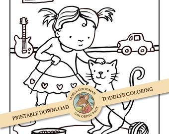 Printable download Children's coloring page - girl with kitty cat and yarn Toddler coloring page easy coloring page