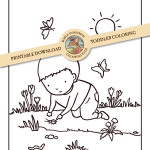 Printable download Children&#39;s Spring coloring page - Boy discovering insects Toddler coloring page easy coloring page by Marla Goodman