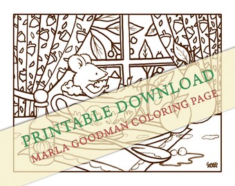 Printable Mouse Coloring Page -- Mouse in teacup bath with book Marla Goodman Brownpaper Mouse Art digital download