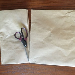 May include: Two brown paper bags and a pair of red-handled scissors on a wooden surface.