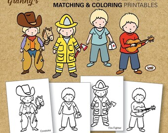 Printable Toddler Matching Game and Coloring Sheets with cute Marla Goodman Playing Pretend Art digital download instant clipart