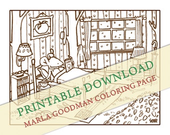 Druckbare Gemütliche Herbst Maus Malseite -- Maus liest in seinem gemütlichen Nest Marla Goodman Brownpaper Art digitaler download