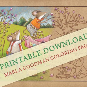 May include: A printable coloring page featuring three mice picking blueberries. The mice are wearing overalls and shirts. One mouse is on a ladder, another is holding a basket, and the third is sitting on the ground with a toy truck.