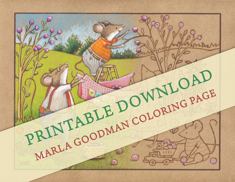 May include: A printable coloring page featuring three mice picking blueberries. The mice are wearing overalls and shirts. One mouse is on a ladder, another is holding a basket, and the third is sitting on the ground with a toy truck.