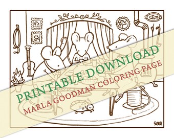 Card Party Mouse Coloring Page -- Mice playing poker or cards in their cozy home Marla Goodman Brownpaper Art digital download