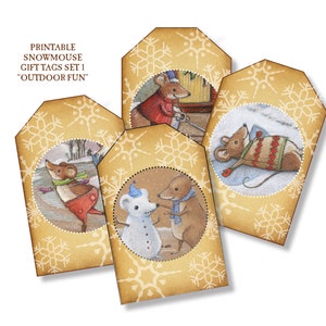 Afdrukbare download Sneeuwmuis cadeaukaartjes Set 1 Winterpret - direct downloaden - assortiment met vier Marla Goodman-illustraties