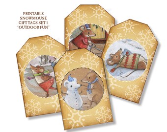 Printable Download Snow Mouse gift tags Set 1 Winter Fun - instant download - assortment with four Marla Goodman illustrations