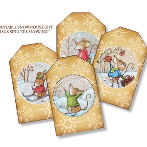 Afdrukbare download Sneeuwmuis cadeaukaartjes Set 3 Het sneeuwt! - direct downloaden - assortiment met vier Marla Goodman-illustraties