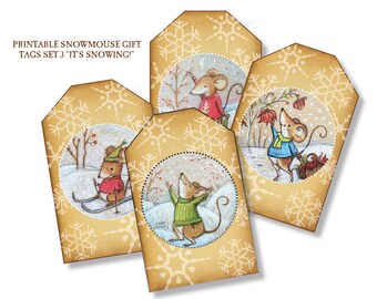 Printable Download Snow Mouse gift tags Set 3 It's Snowing! - instant download - assortment with four Marla Goodman illustrations