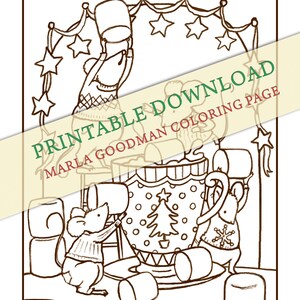 Printable Mouse Coloring Page -- Mice enjoying holiday cocoa with marshmallows Marla Goodman Brownpaper Mouse Art digital download