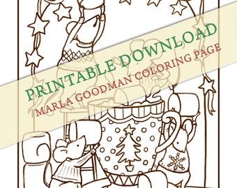 Printable Mouse Coloring Page -- Mice enjoying holiday cocoa with marshmallows Marla Goodman Brownpaper Mouse Art digital download