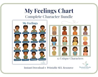 May include: A printable "My Feelings Chart" with a complete character bundle. The chart features illustrations of diverse children expressing various emotions, such as happy, angry, and sad. Includes 12 unique characters. Text reads "Instant Download • Printable SEL Resource."