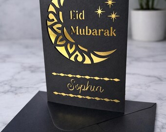 Personalised Eid Card – Handmade Islamic Eid Greeting Card – Custom Name Muslim Eid Card – Black & Gold Design