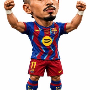Puede incluir: Una figura caricaturizada de un futbolista con cabeza grande y complexión musculosa, vistiendo una camiseta azul y roja del FC Barcelona con un logo amarillo de Spotify, pantalones cortos rojos con el número 11, calcetines azules con BARÇA y botas blancas.