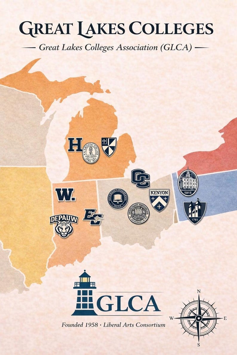 Glvc Map Hand Made Graphic Design Map Great Lakes Colleges Association - Etsy