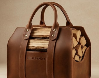 Full Grain Leather Firewood Carrier | Personalized Wood Tote, Rustic Fireplace Decor