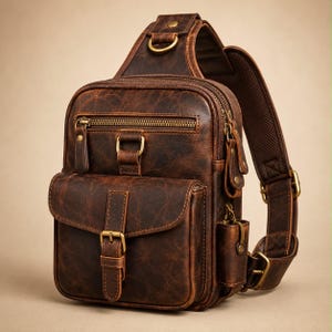May include: A dark brown leather sling bag featuring a textured finish, multiple zippered compartments, a front flap pocket with a buckle closure, antique brass-toned metal hardware, and an adjustable shoulder strap with a padded mesh backing.