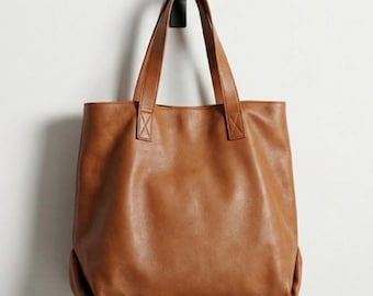 Handmade Full Grain Leather Tote Bag: Oversized Slouchy Cognac Shoulder Bag