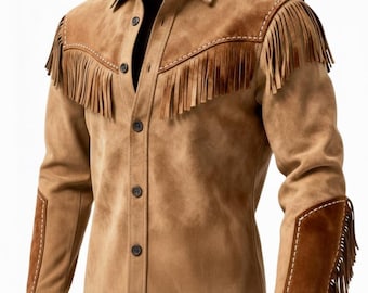 Men's Handmade Suede Fringe Western Jacket - Tan Camel Leather