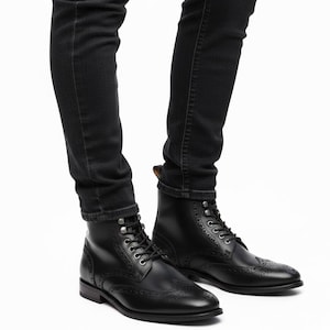 mens black wingtip dress boots Men's Aviator Wingtip Dress Shoe In Black Leather