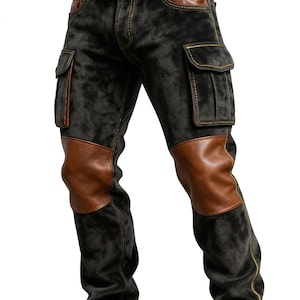 Men's Distressed Black Cargo Pants – Brown Leather Biker Trousers Rugged Utility