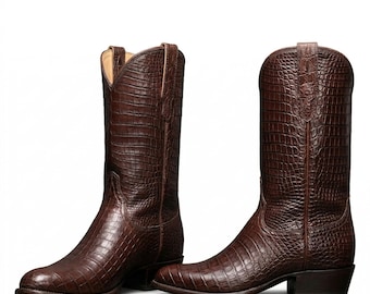 ダークブラウンのアリゲーター型押しレザー製カウボーイブーツ、ウエスタンスタイル、チョコレートカラー