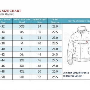 May include: A women's size chart with measurements in inches. The chart includes chest size, jacket size, and sleeve length, ranging from XXS to 5XL. An illustration shows how to measure chest circumference and sleeve length.