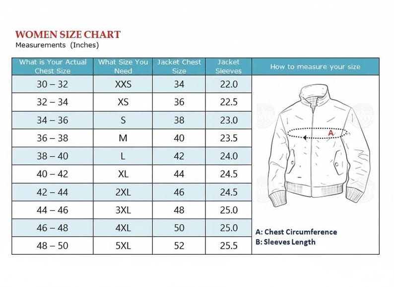 May include: A women's size chart with measurements in inches. The chart includes chest size, jacket size, and sleeve length, ranging from XXS to 5XL. An illustration shows how to measure chest circumference and sleeve length.