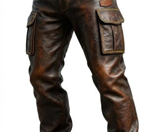 Pantalones cargo de cuero marrón desgastado para hombre / Pantalones de motociclista vintage