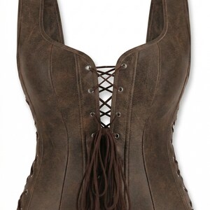Brown Distressed Leather Corset Vest – Renaissance Medieval Bodice Style image 2
