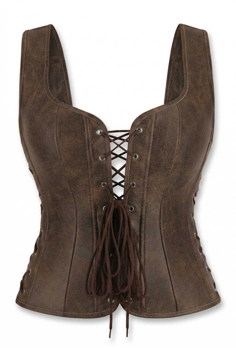 Brown Distressed Leather Corset Vest – Renaissance Medieval Bodice Style image 2