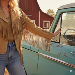 May include: Mustard-colored suede jacket with long fringe detailing on the sleeves and chest. The jacket has silver stud accents and is paired with a light-colored top and blue jeans. The background includes a vintage teal car and a red barn.