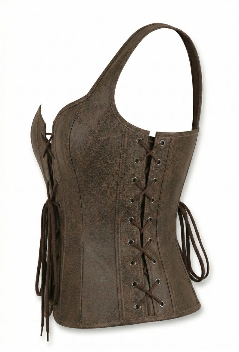 Brown Distressed Leather Corset Vest – Renaissance Medieval Bodice Style image 4