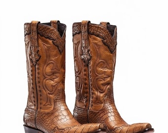 Handgjorda cowboystövlar i äkta läder – Alligatorpräglad Western Tan Brown Tooled