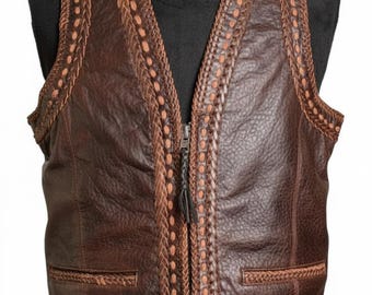 Chaleco de cuero marrón estilo western para hombre, trenzado, estilo vaquero vintage, hecho a mano.