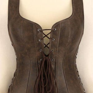 Brown Distressed Leather Corset Vest – Renaissance Medieval Bodice Style image 1