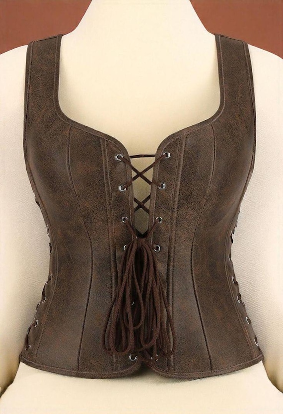 Brown Distressed Leather Corset Vest – Renaissance Medieval Bodice Style