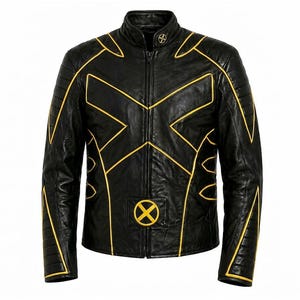 May include: A black leather jacket featuring yellow piping accents in an X-shaped pattern across the chest. The jacket includes a stand-up collar with a small yellow and black X-logo emblem and a larger matching X-logo emblem at the waist.
