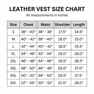 May include: A leather vest size chart with measurements in inches. The chart includes sizes S to 5XL, with chest, waist, shoulder, and length measurements. The smallest size is S, with a chest of 38"-40", and the largest size is 5XL, with a chest of 52"-54".