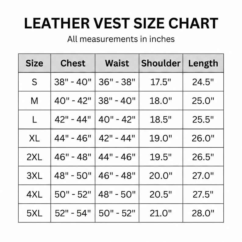 May include: A leather vest size chart with measurements in inches. The chart includes sizes S to 5XL, with chest, waist, shoulder, and length measurements. The smallest size is S, with a chest of 38"-40", and the largest size is 5XL, with a chest of 52"-54".