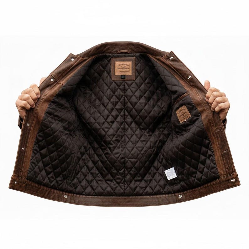 May include: Brown leather jacket with a quilted, dark brown interior. The jacket has a classic design with button closures and two small interior pockets. The jacket is open, revealing the interior lining.
