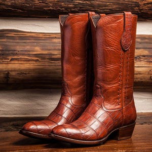 Puede incluir: Un par de botas de vaquero de cuero marrón con un patrón texturizado similar al de un cocodrilo en el pie y un acabado liso en la caña. Las botas tienen un diseño occidental clásico con punta afilada y tacón apilado, ideal para una estética rústica o campestre.