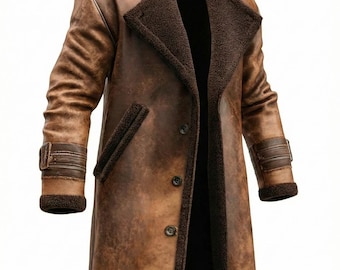 Gabardina de piel de oveja marrón desgastada para hombre – Abrigo de invierno