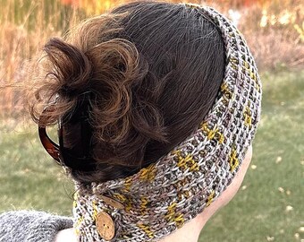 Patrón de tejido para calentador de orejas, diadema con botones de lana de grosor medio para adultos