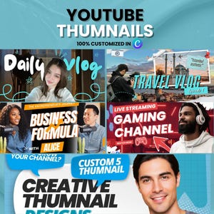 Puede incluir: Imagen promocional que muestra diseños de miniaturas de YouTube. La imagen presenta ejemplos de miniaturas para "Daily Vlog", "Travel Vlog", "Business Formula" y "Gaming Channel". El texto incluye "YOUTUBE THUMNAILS" y "100% CUSTOMIZED IN C."