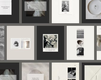May include: A collection of minimalist art prints and stationery, featuring black and white photography and elegant typography. The images include floral arrangements, abstract shapes, and inspirational quotes. The overall aesthetic is clean and sophisticated.