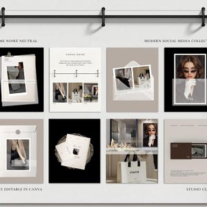 Op de afbeelding: Een verzameling social media templates met een neutraal kleurenpalet. De ontwerpen bevatten mode-afbeeldingen, een vrouw met een zonnebril en de tekst "FORME NOIRE NEUTRAL", "MODERN SOCIAL MEDIA COLLECTION", "FULLY EDITABLE IN CANVA" en "STUDIO CLAIRE".